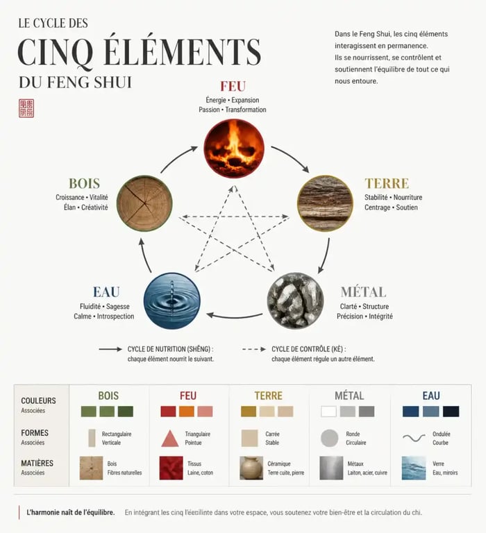 Infographie des cinq éléments du Feng Shui pour une énergie positive dans la maison