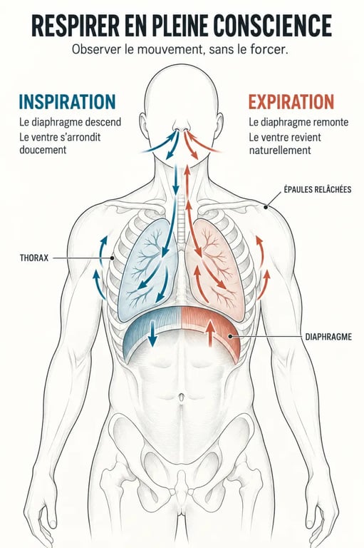 Schéma du diaphragme et du mouvement du ventre pendant la respiration pleine conscience