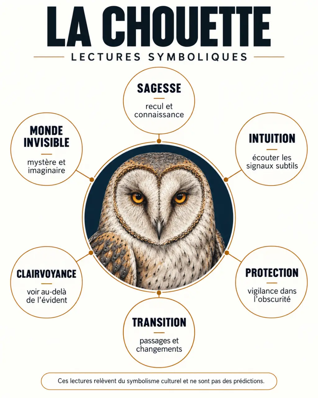 Infographie sur la chouette signification spirituelle et ses symboles de sagesse, intuition, protection et transition