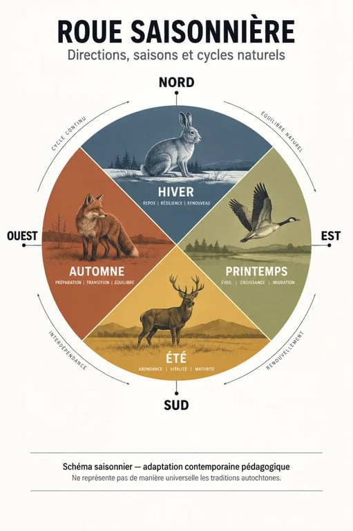 Roue médicinale et signe astrologique amérindien avec quatre directions et quatre saisons