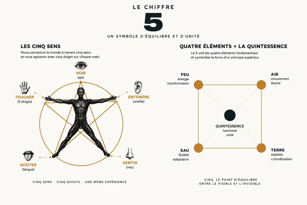 Schéma de la signification du chiffre 5 : corps humain, cinq sens, pentagramme et quintessence au centre de quatre éléments