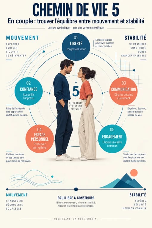 Infographie sur le chemin de vie 5 en couple, entre liberté, confiance et engagement