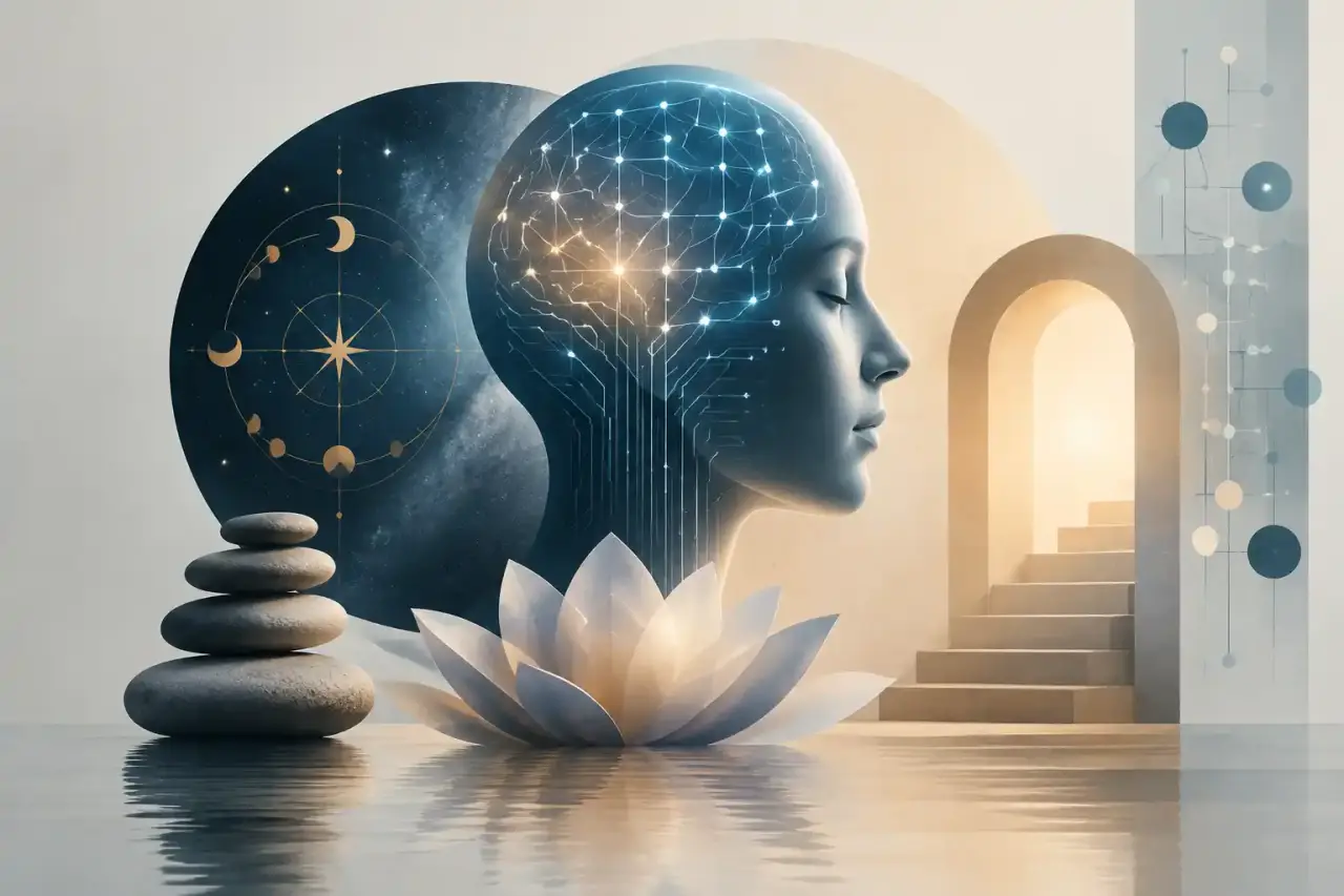 Composition abstraite représentant une intelligence artificielle et une conscience humaine