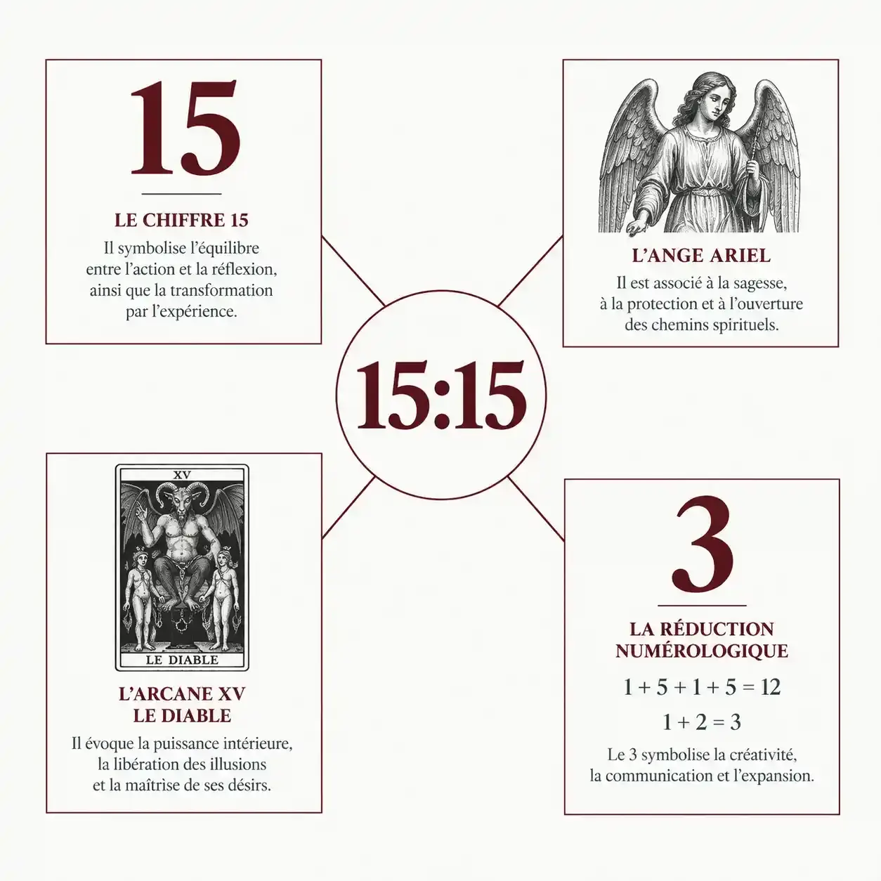 Schéma des correspondances symboliques de l'heure miroir 15h15 en amour : chiffre 15, ange Ariel, arcane XV du Tarot et nombre 3