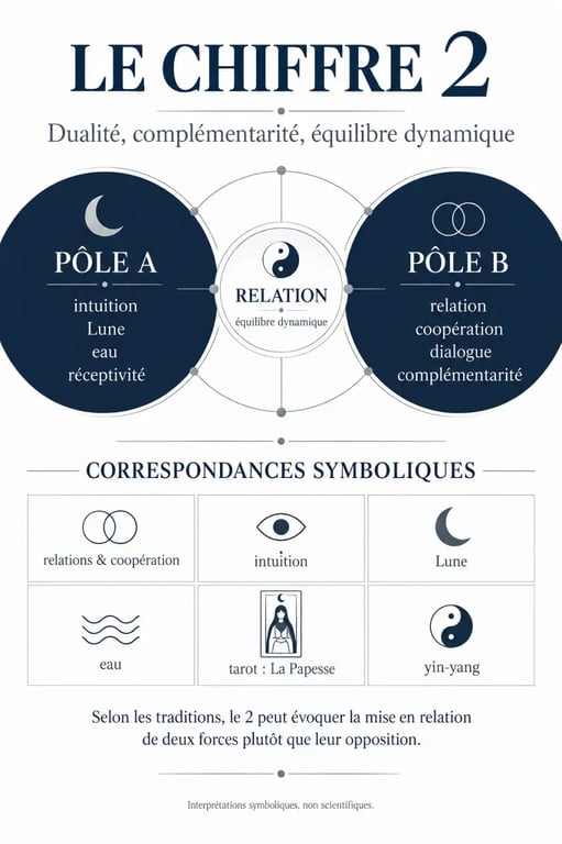 Infographie sur la 2 signification spirituelle, la dualité, l'équilibre et les correspondances symboliques