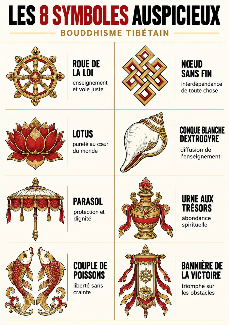 Infographie des 8 symboles du bouddhisme tibétain et de leur signification