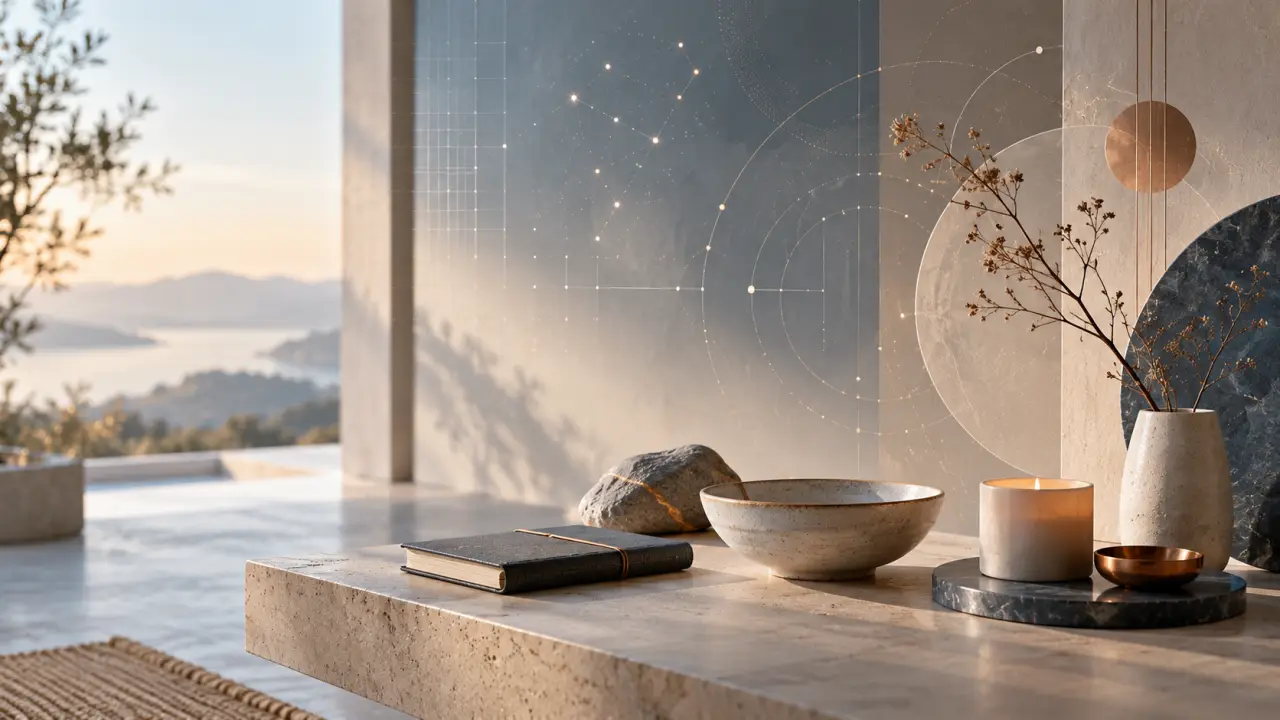 Autel domestique minimaliste composé d'objets quotidiens sur une étagère