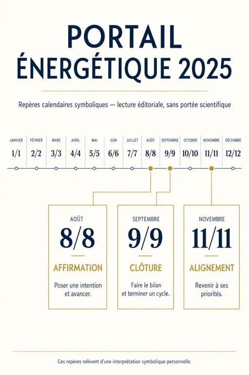 Infographie du calendrier du portail énergétique 2025 avec les dates 8/8, 9/9 et 11/11