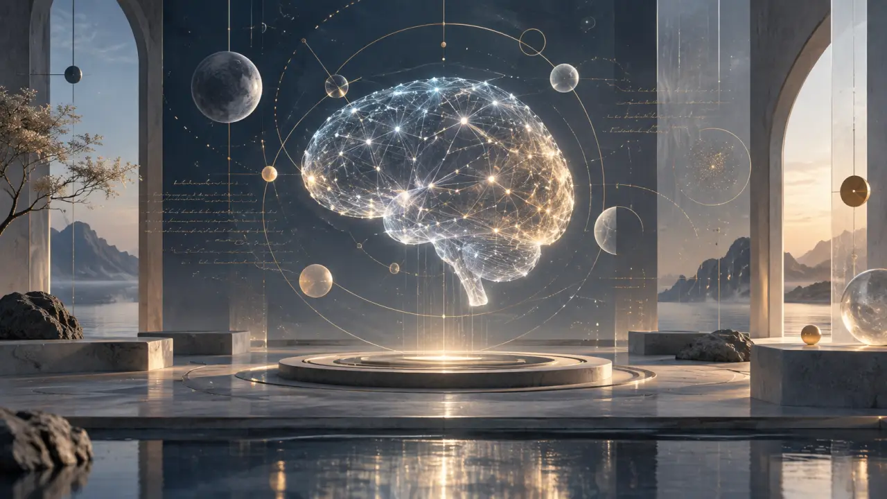 Composition abstraite évoquant la rencontre entre un cerveau humain et un réseau informatique