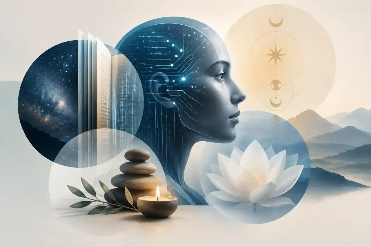 Composition abstraite évoquant une conscience artificielle entre formes géométriques et circuits