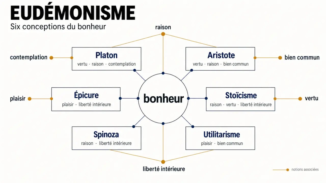 Synthèse visuelle de l’eudémonisme et des conceptions philosophiques du bonheur