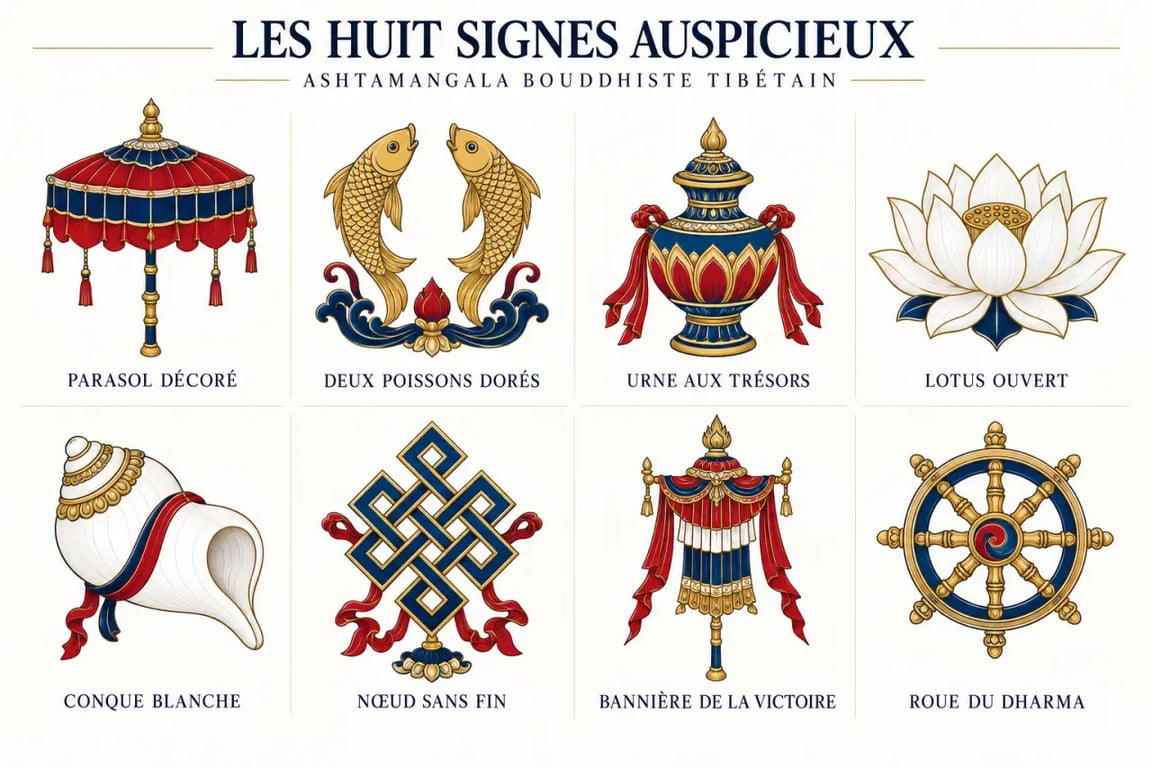 Les huit signes du bouddhisme : Ashtamangala avec lotus, roue du Dharma, nœud sans fin et autres symboles