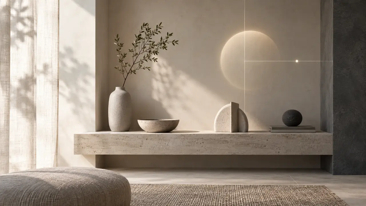 Autel domestique minimaliste composé d'un vase, d'une bougie et d'un objet symbolique