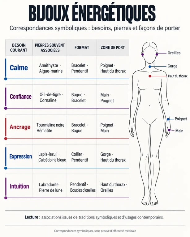 Bijou energetique : tableau visuel des pierres, besoins, chakras et zones de port
