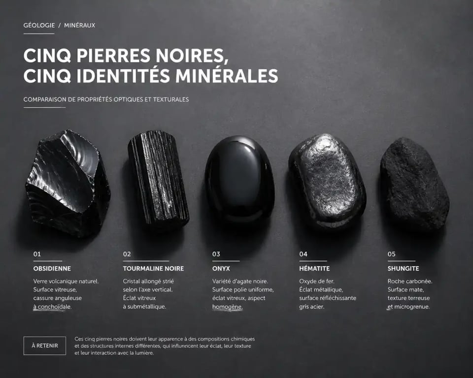 Cinq pierres noires en lithothérapie côte à côte : obsidienne, tourmaline noire, onyx, hématite et shungite