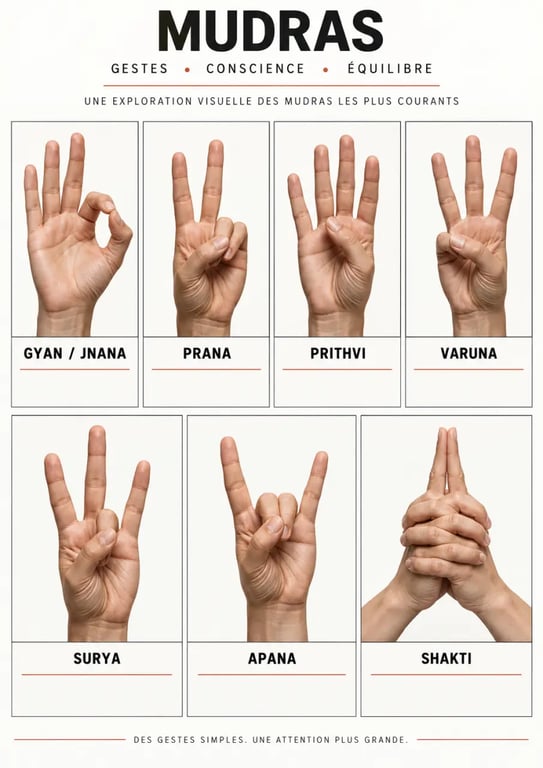 Les mudras et leurs signification PDF : planche illustrée des positions des doigts des sept mudras courants