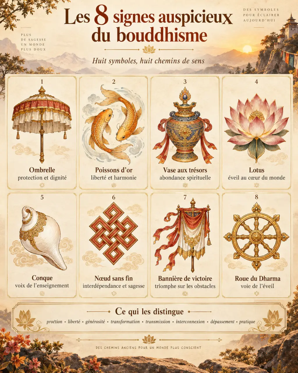 Quels sont les 8 signes du bouddhisme ? Liste, sens et différences